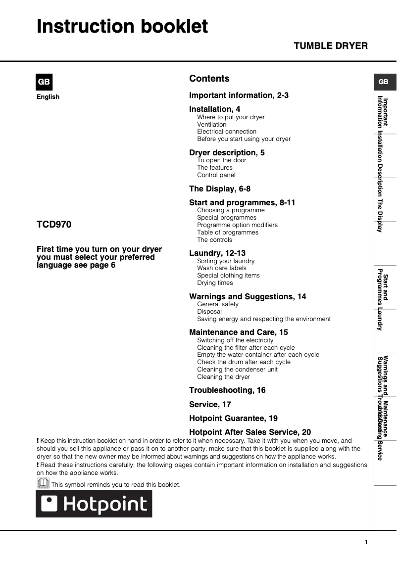 First page image of the manual for TCD970K