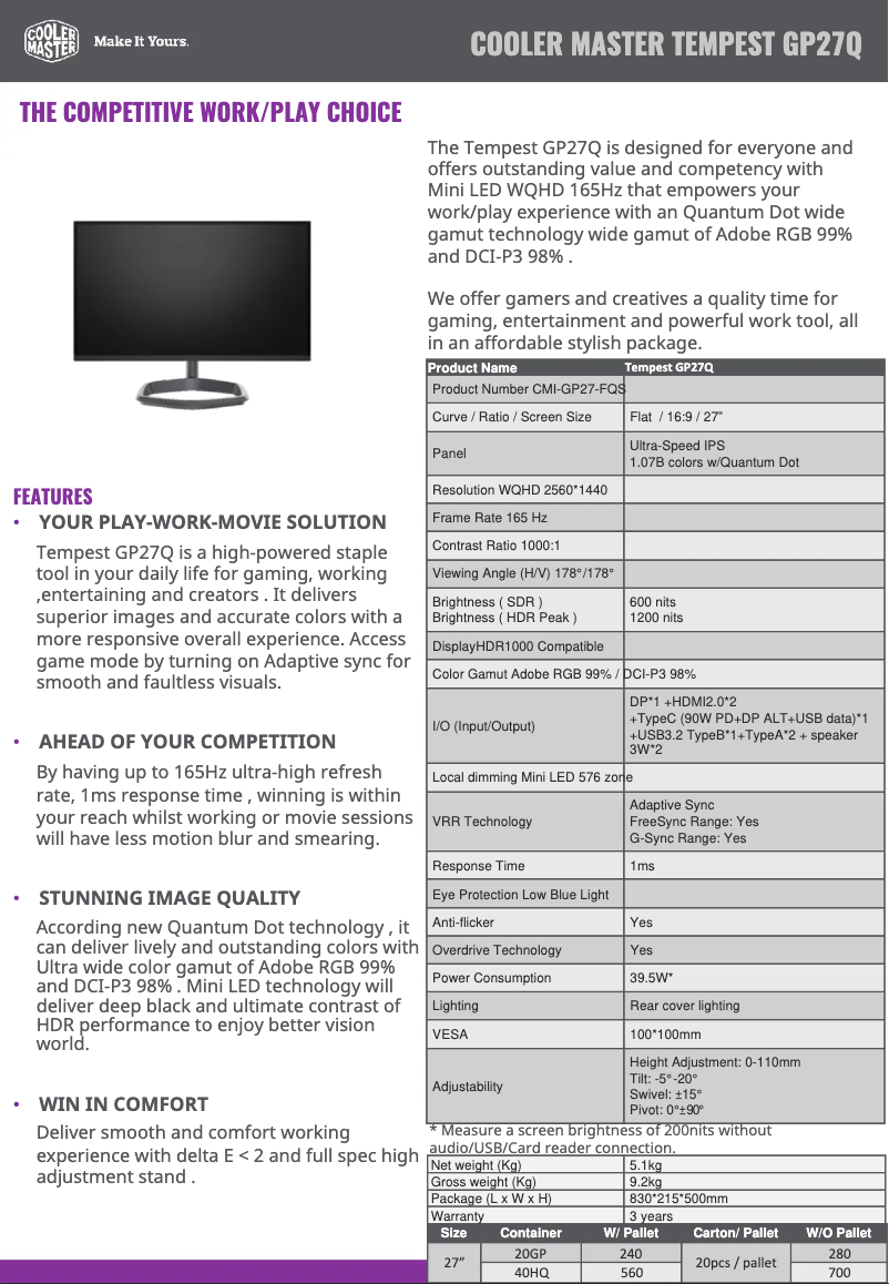 Page 1 of the manual Technical Sheet Cooler Master Tempest GP27Q