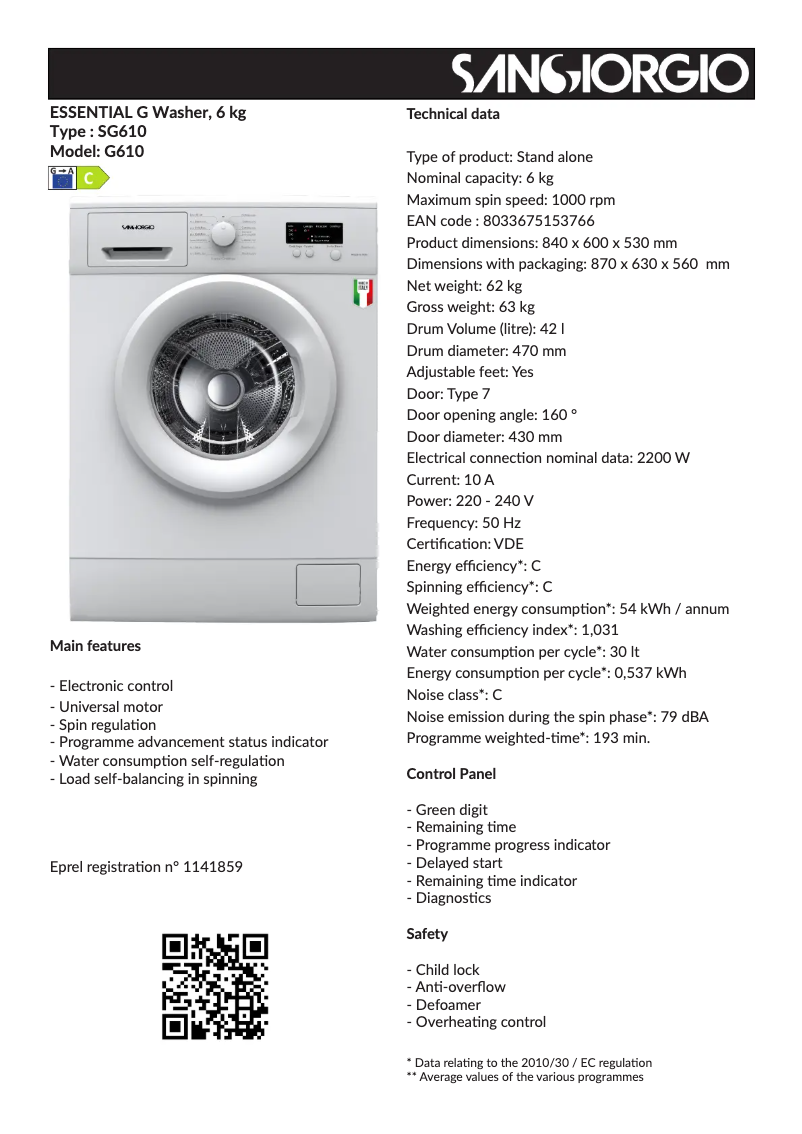 Page 1 of the manual Technical Sheet SanGiorgio SG610