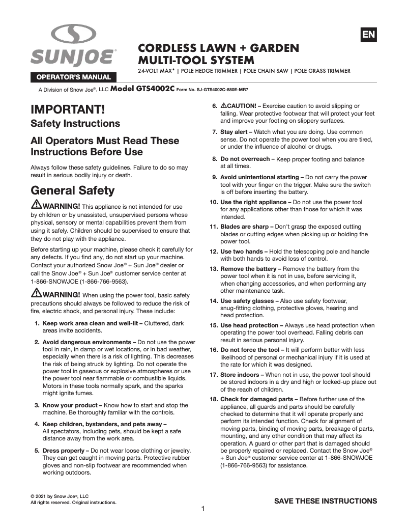 Page 1 of the manual User Manual Sun Joe GTS4002C