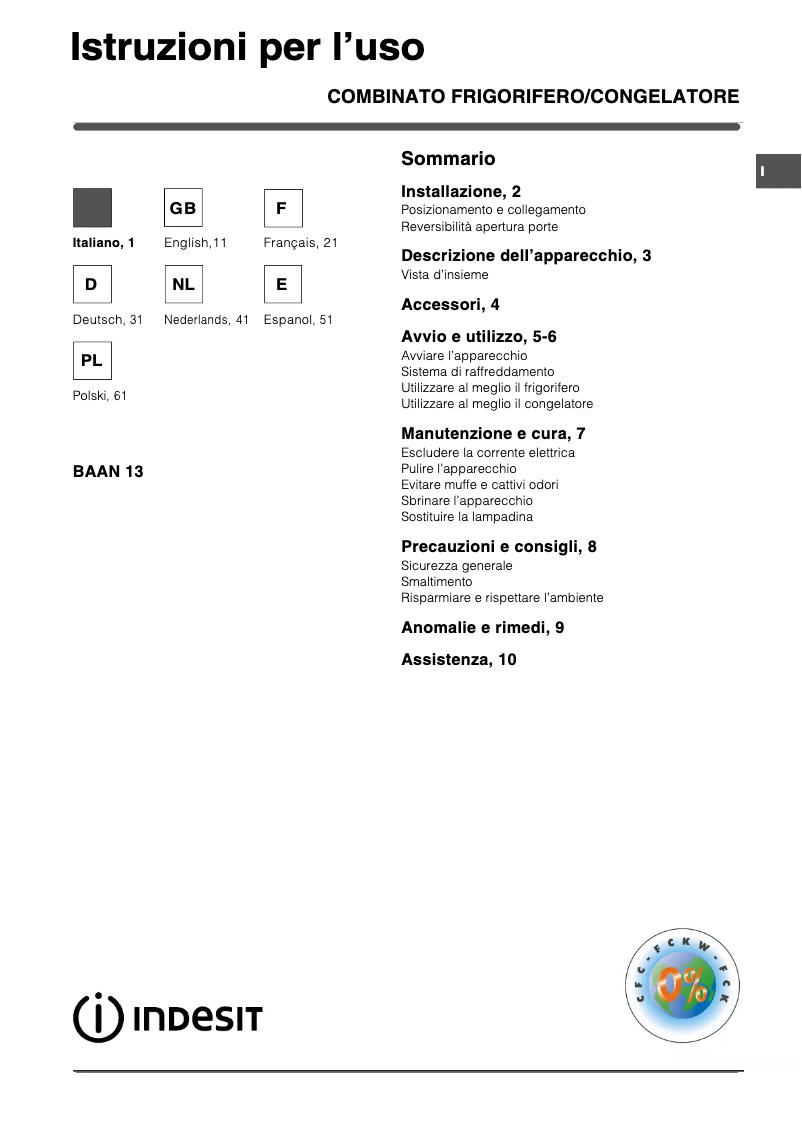 Page 1 of the manual User Manual Indesit BAAN 13 VS
