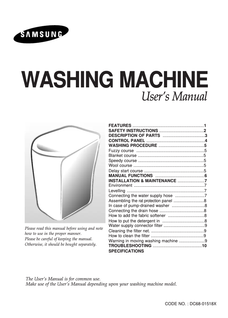 First page image of the manual for WA15G2Q1