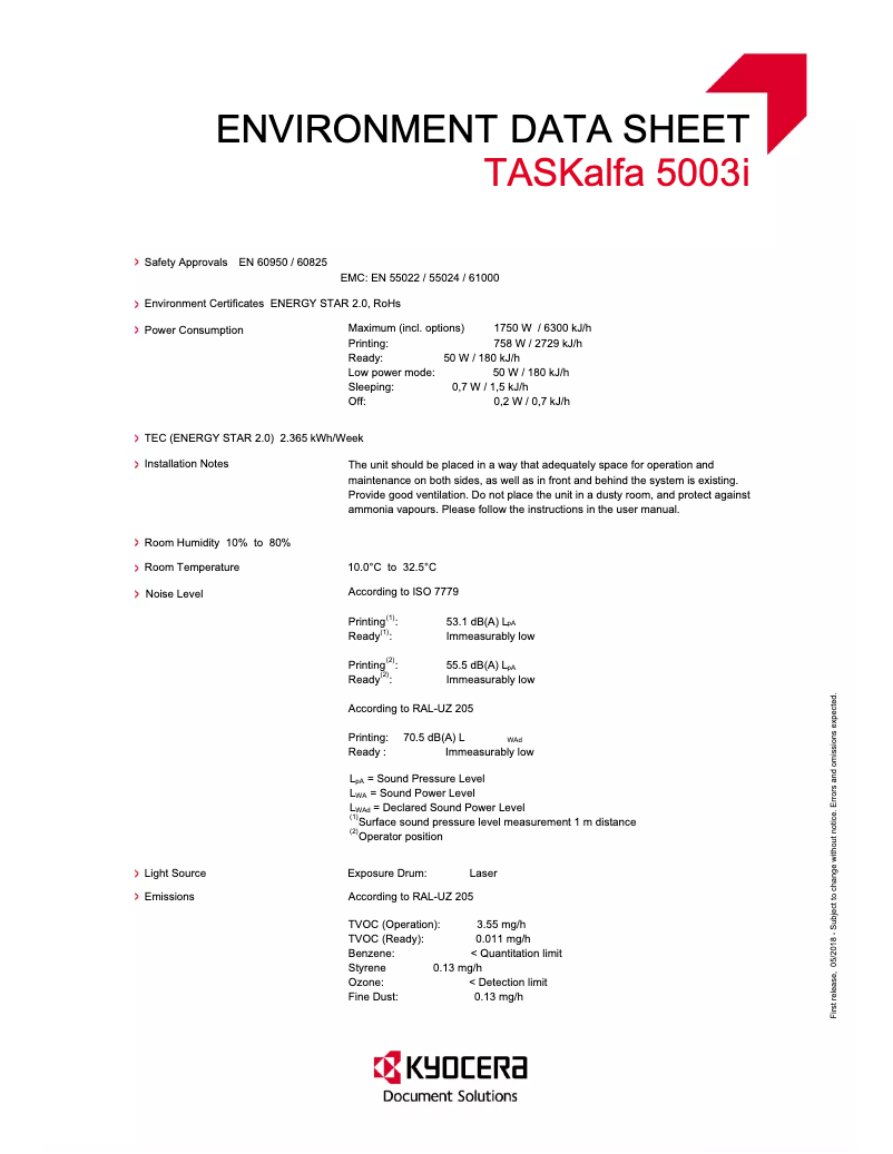 Page 1 of the manual Technical Sheet Kyocera TASKalfa 5003i