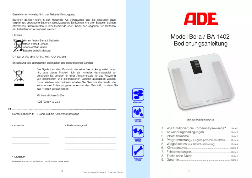 Page 1 of the manual User Manual ADE Bella BA 1402