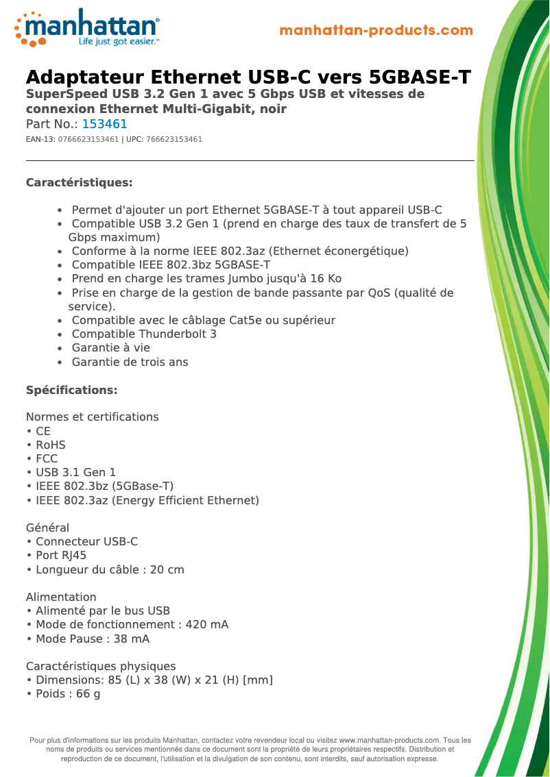 Page 1 of the manual Technical Sheet Manhattan USB-C to 5GBASE-T Ethernet 153461