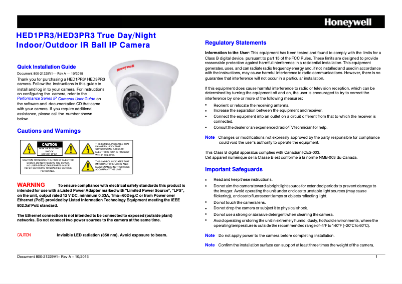 Page 1 of the manual User Manual Honeywell HED3PR3