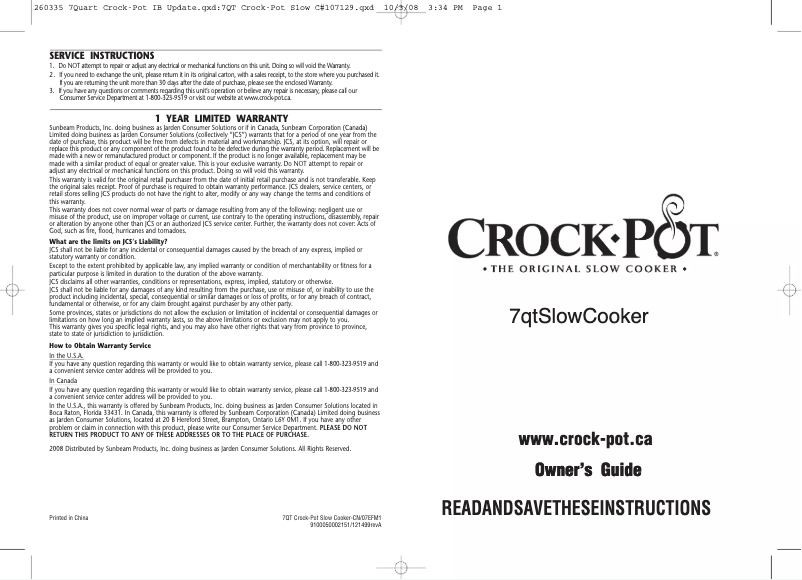 Page 1 of the manual User Manual Crock-Pot Manual SCV700-SS