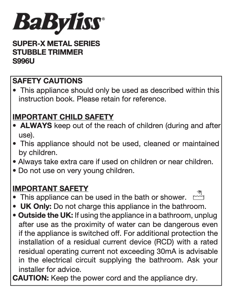 Page 1 of the manual User Manual BaByliss Super-X Metal S996U