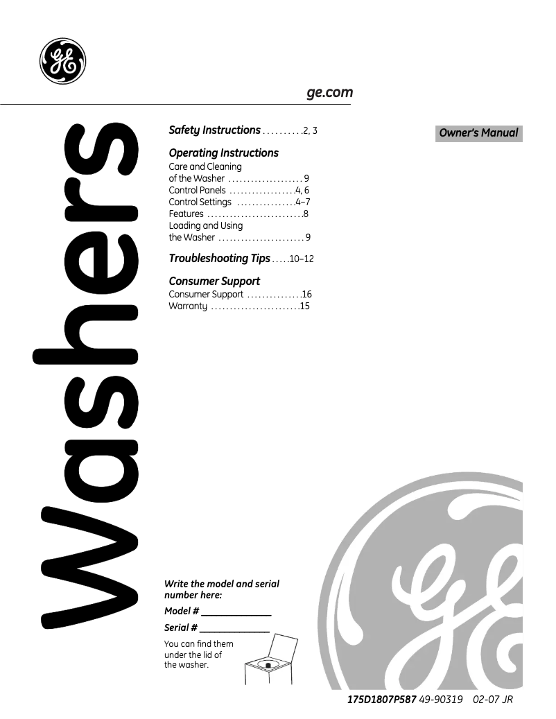 Page 1 of the manual Use and Maintenance Manual GE WDSR2080GWW