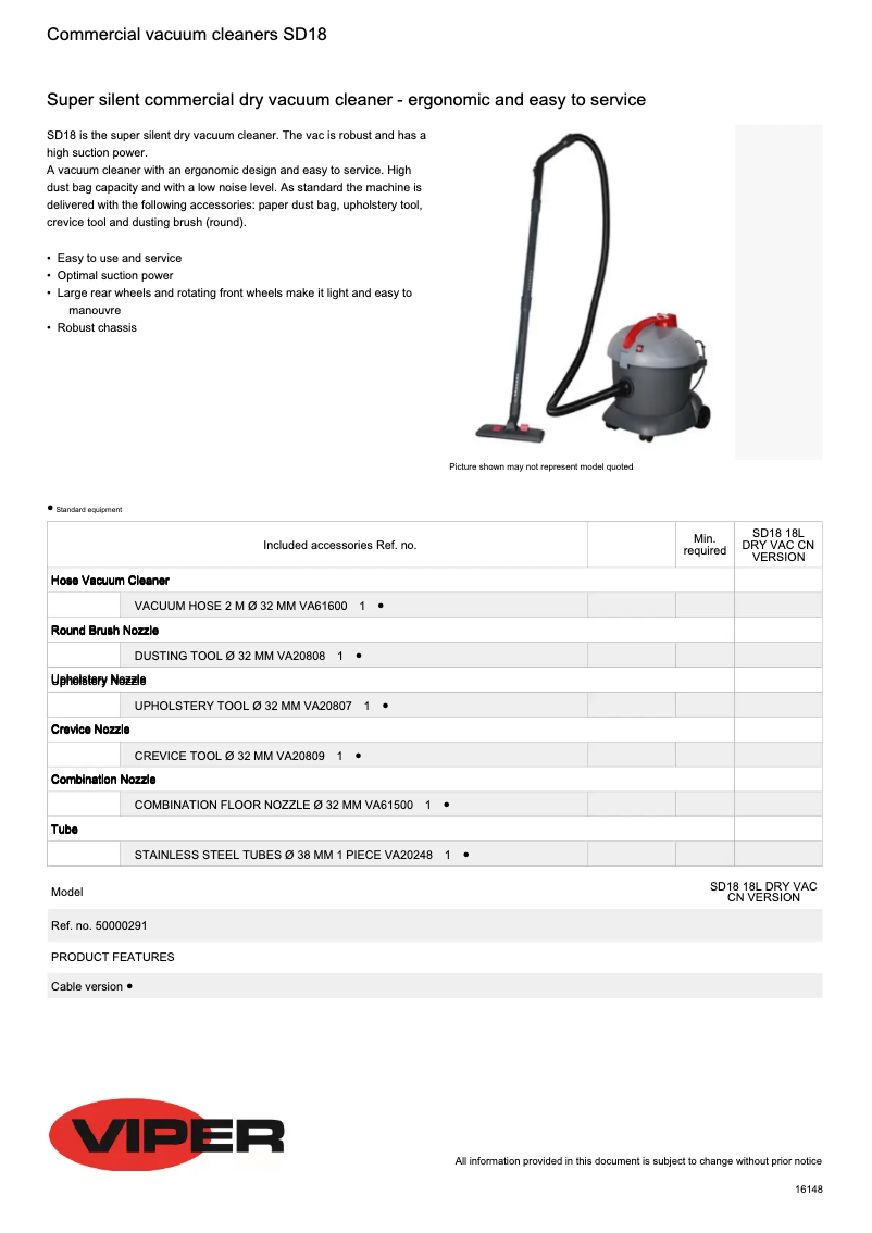 Page 1 of the manual Technical Sheet Nilfisk Viper SD18
