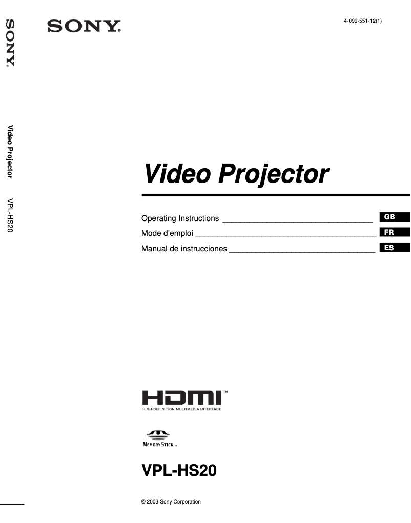 First page image of the manual for VPL-HS20