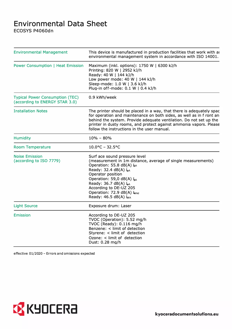 Page 1 of the manual Technical Sheet Kyocera ECOSYS P4060dn