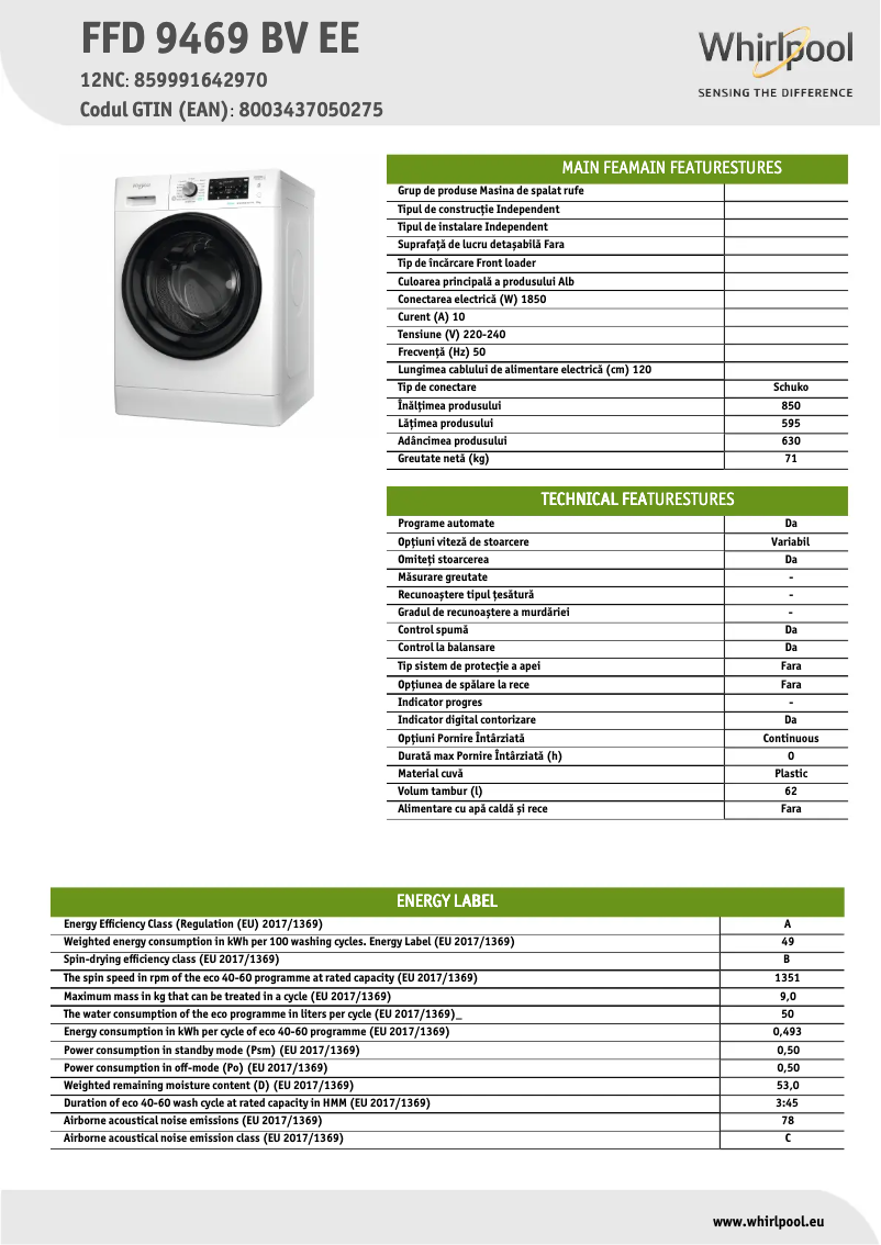 Page 1 of the manual Technical Sheet Whirlpool FFD 9469 BV EE