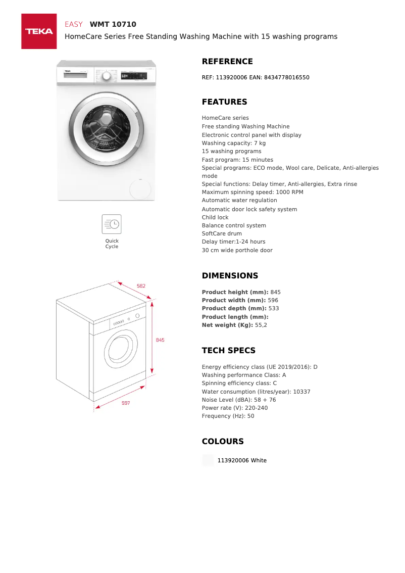 Page 1 of the manual Technical Sheet Teka WMT 10710