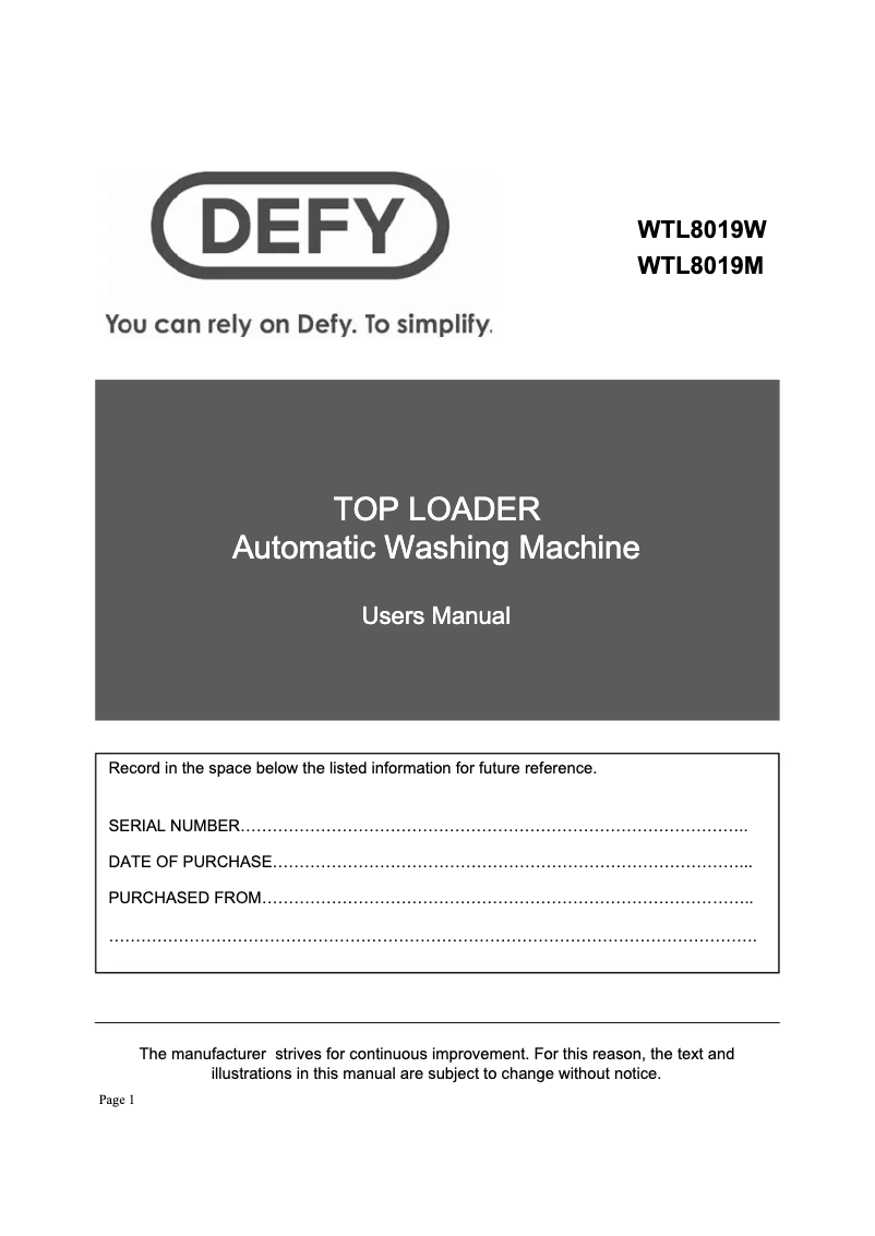 Page 1 of the manual User Manual Defy WTL 8019 M