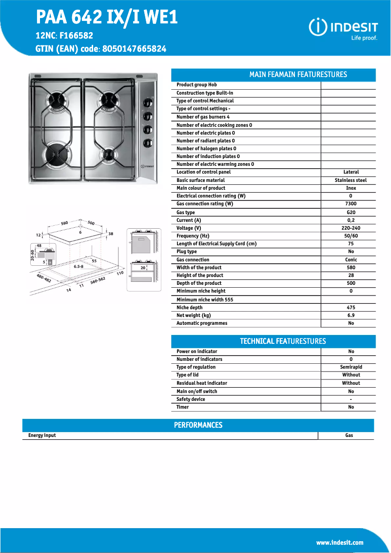 Page 1 of the manual Technical Sheet Indesit PAA 642 IX/I WE1
