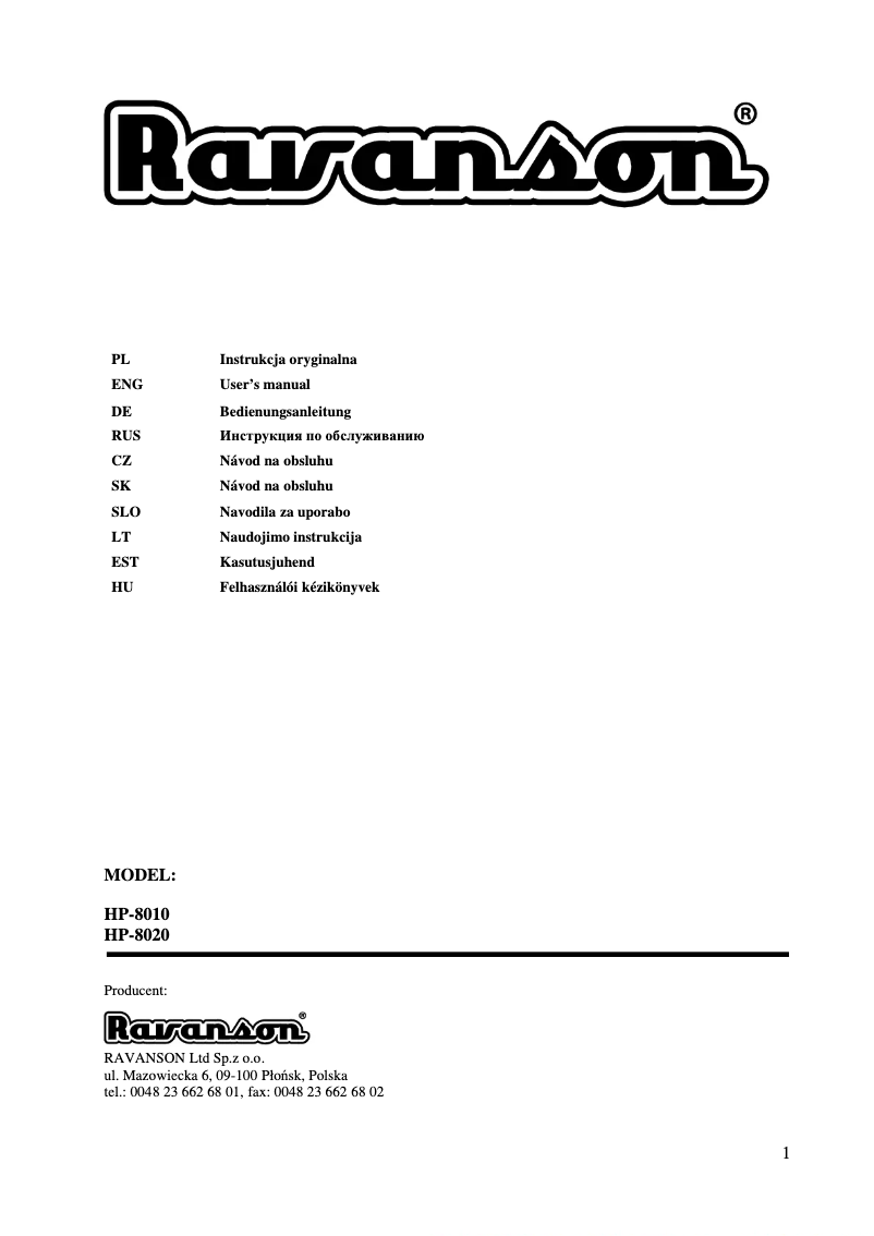 Page 1 of the manual User Manual Ravanson HP-8020