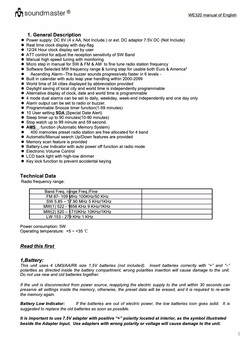 First page image of the manual for WE320