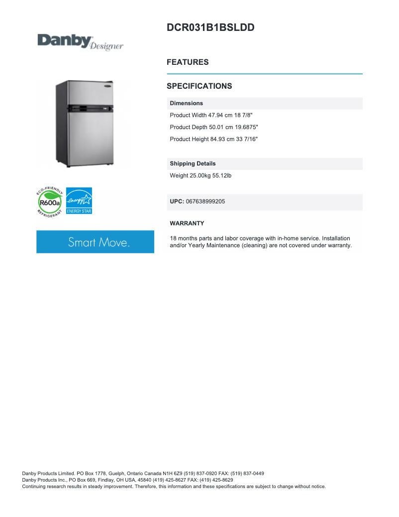 Page 1 of the manual Technical Sheet Danby DCR031B1
