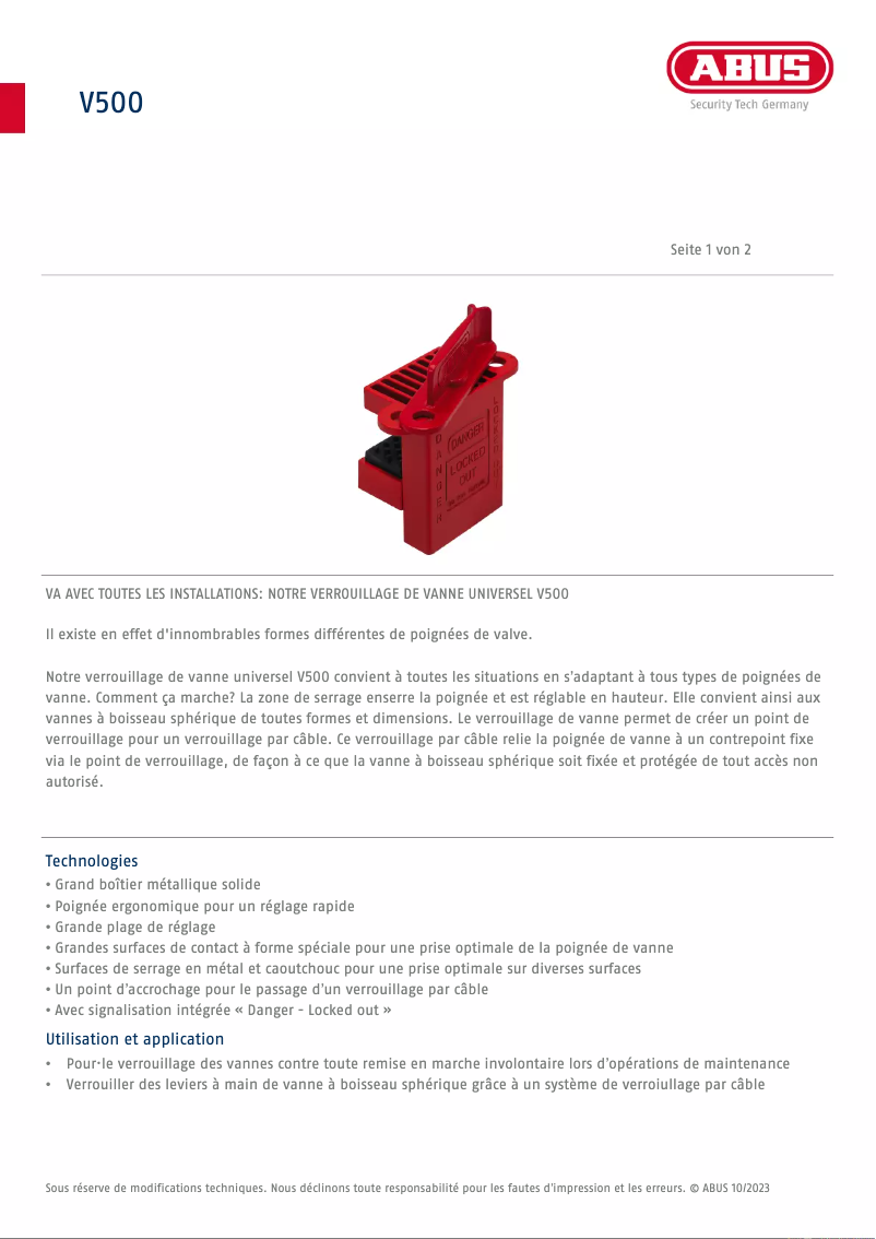 Page 1 of the manual Technical Sheet Abus V500