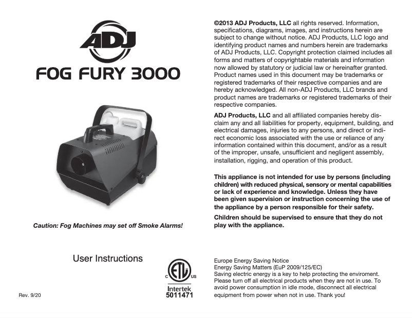 Page 1 of the manual User Manual Adj Fog Fury 3000