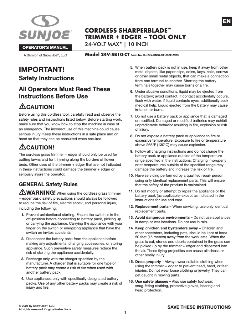 Page 1 of the manual User Manual Sun Joe 24V-SB10-CT