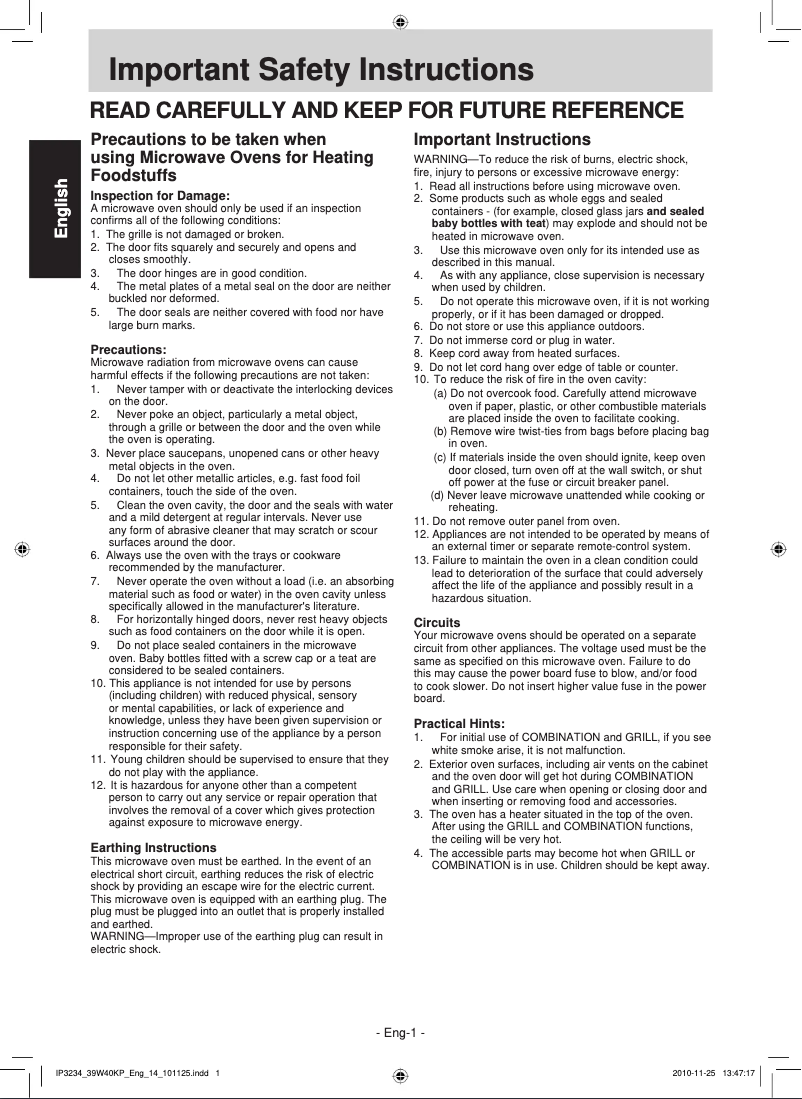 First page image of the manual for NN-GT370M