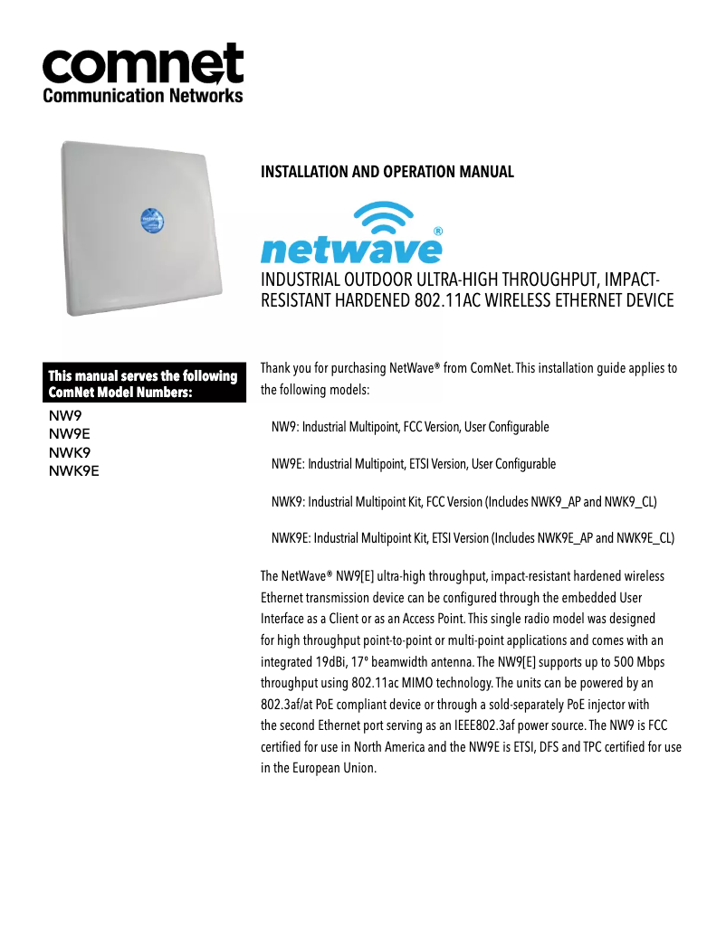 Page 1 of the manual User Manual ComNet NetWave NW9