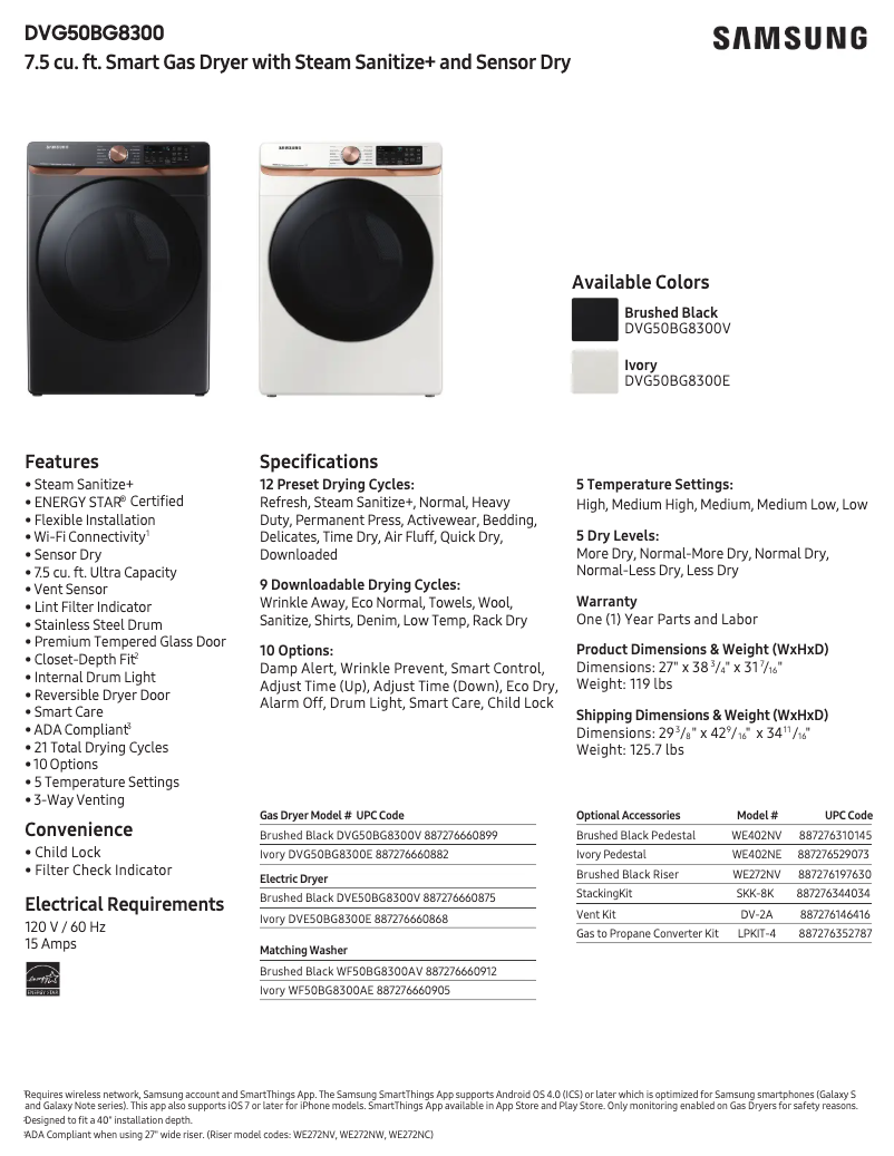 Page 1 of the manual Technical Sheet Samsung DVG50BG8300V