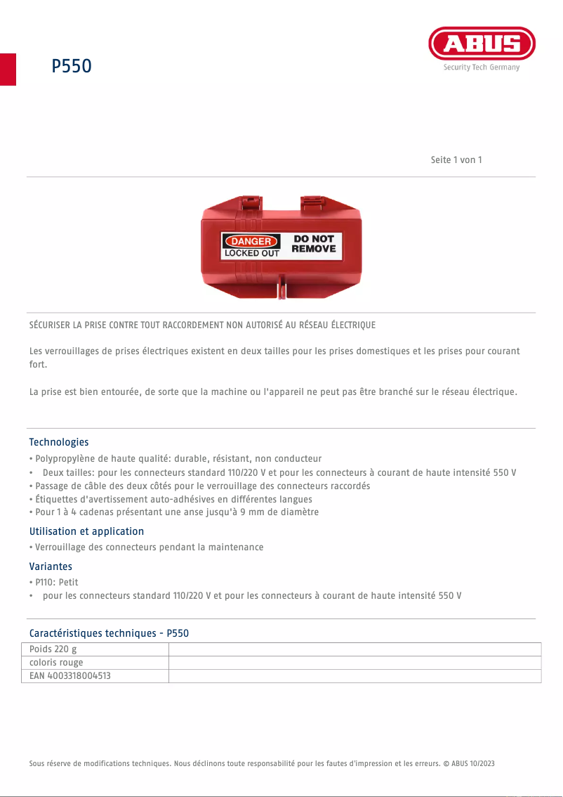 Page 1 of the manual Technical Sheet Abus P550