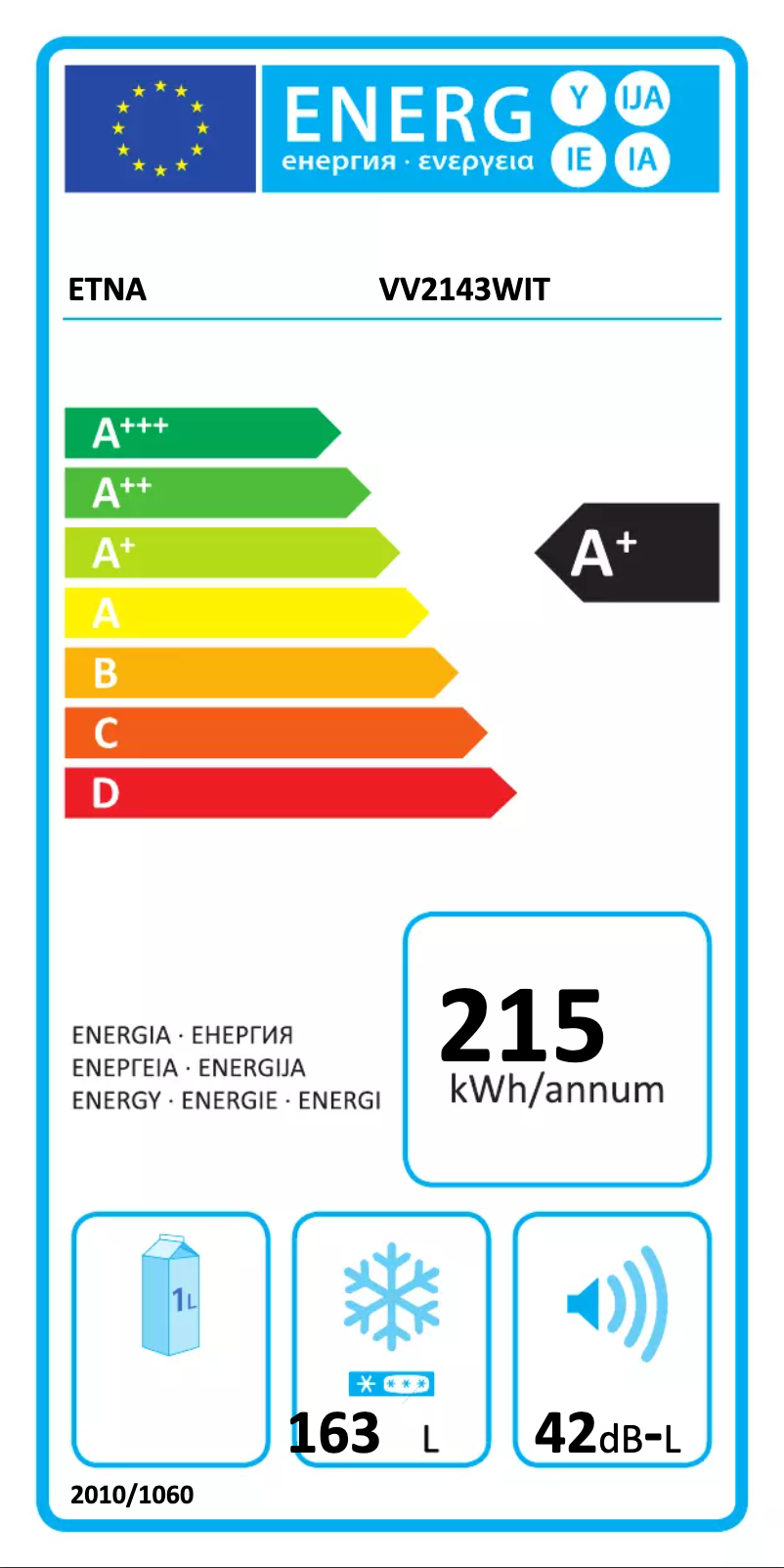 Page 1 of the manual Energy Label Etna VV2143WIT
