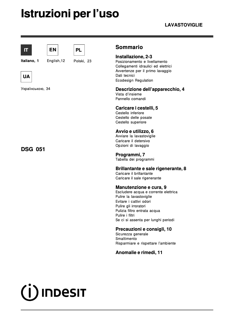 Page 1 of the manual User Manual Indesit DSG 051 NX EU