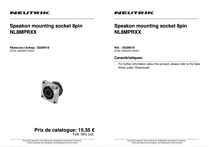 Page 1 of the manual Technical Sheet Neutrik Speakon NL8MPRXX