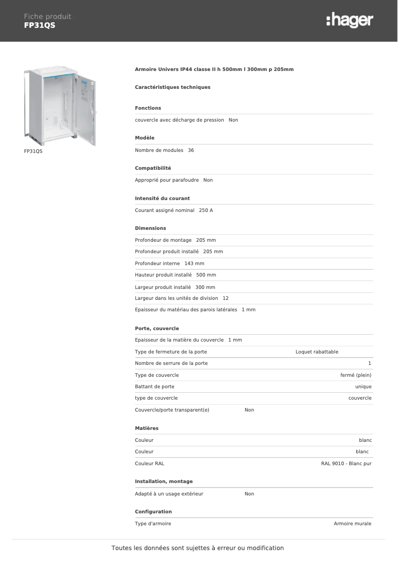 Page 1 of the manual Technical Sheet Hager FP31QS