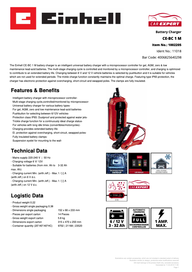 Page 1 of the manual Technical Sheet Einhell CE-BC 1 M