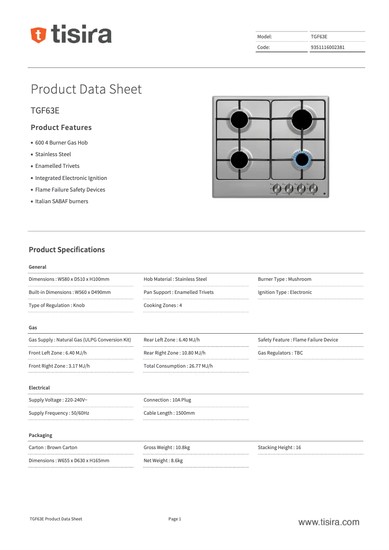 First page image of the manual for TGF63E