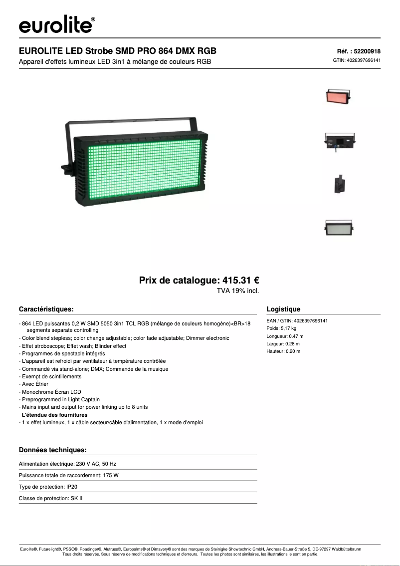 Page 1 of the manual Technical Sheet Eurolite LED Strobe SMD PRO 864 DMX RGB
