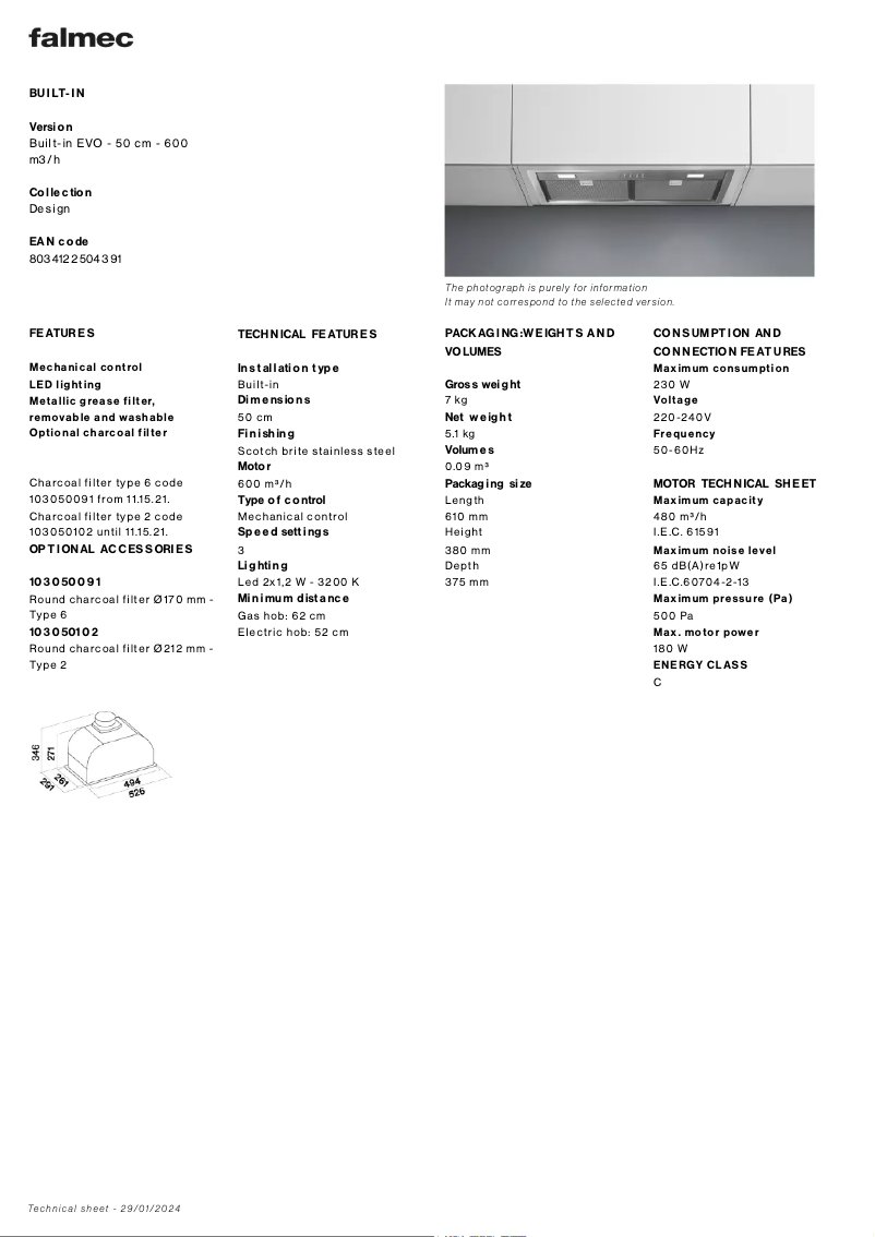 Page 1 of the manual Technical Sheet Falmec Built-in 50