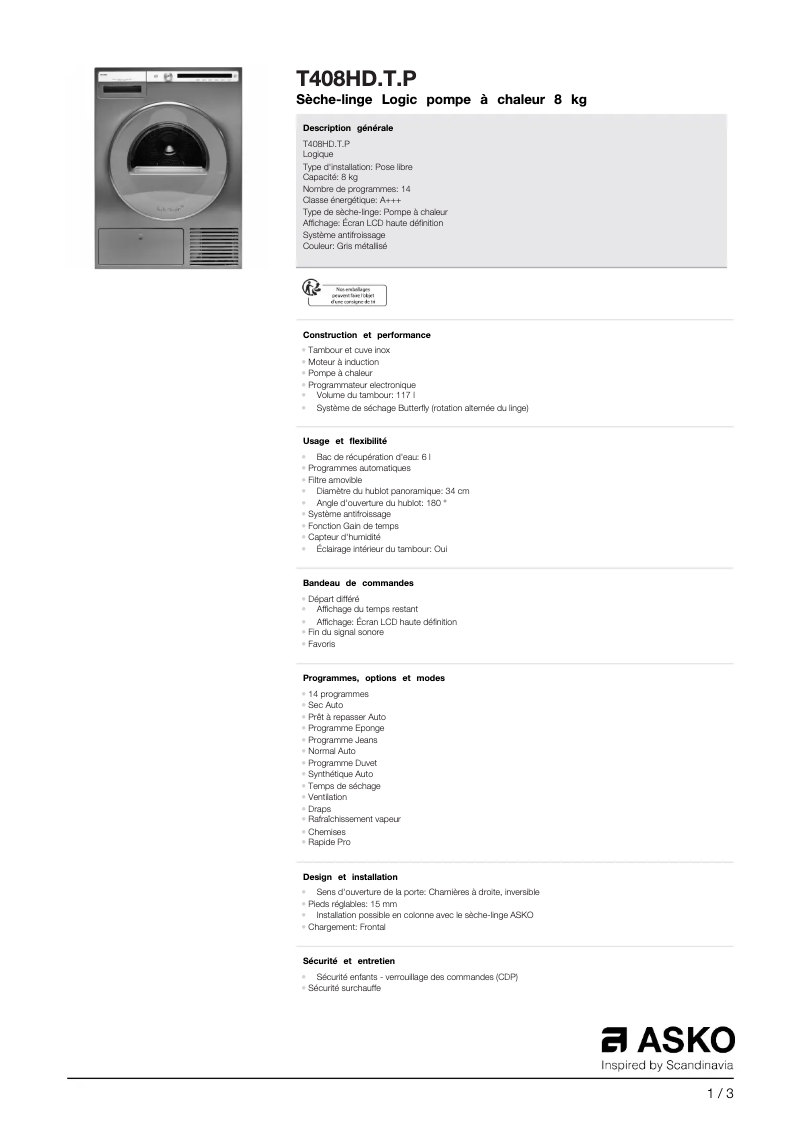 Page 1 of the manual Technical Sheet Asko T408HD.T.P