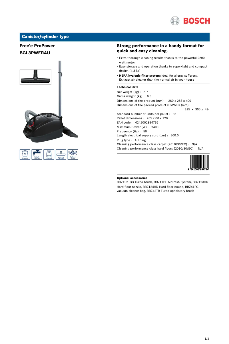 Page 1 of the manual Technical Sheet Bosch Free'e ProPower BGL3PWERAU