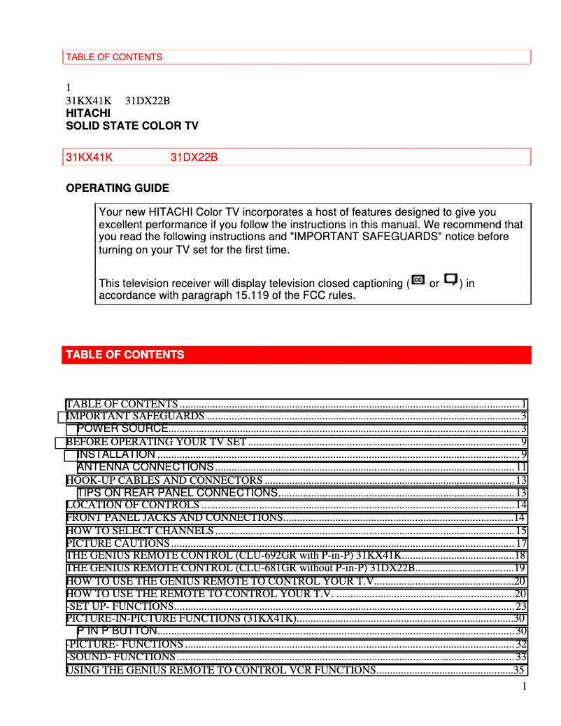 Page 1 of the manual User Manual Hitachi 31KX41K