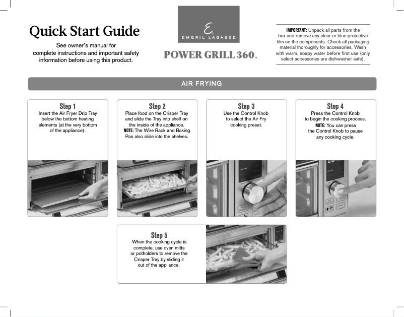 Page 1 of the manual Quick Start Guide Emeril Lagasse Power Grill 360 AFGO-01
