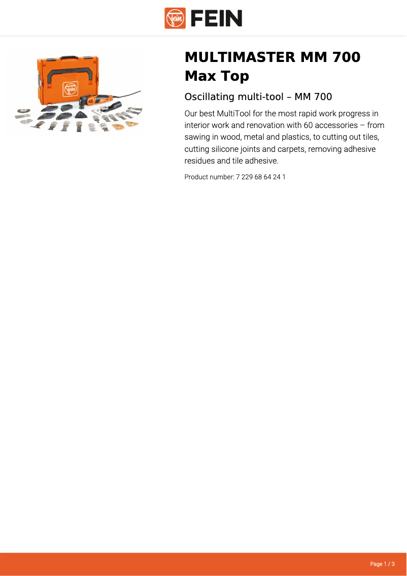 Page 1 of the manual Technical Sheet Fein Multimaster MM 700 Max Top