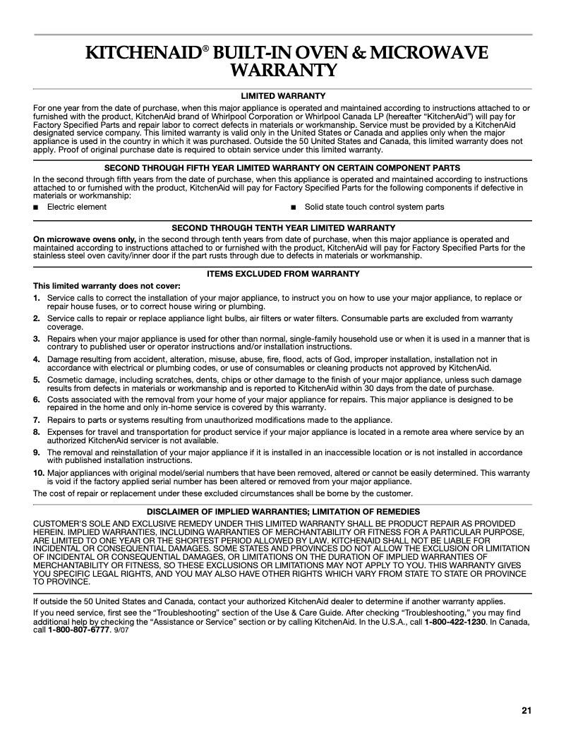 Page 1 of the manual Warranty Information KitchenAid Architect KEBS109B