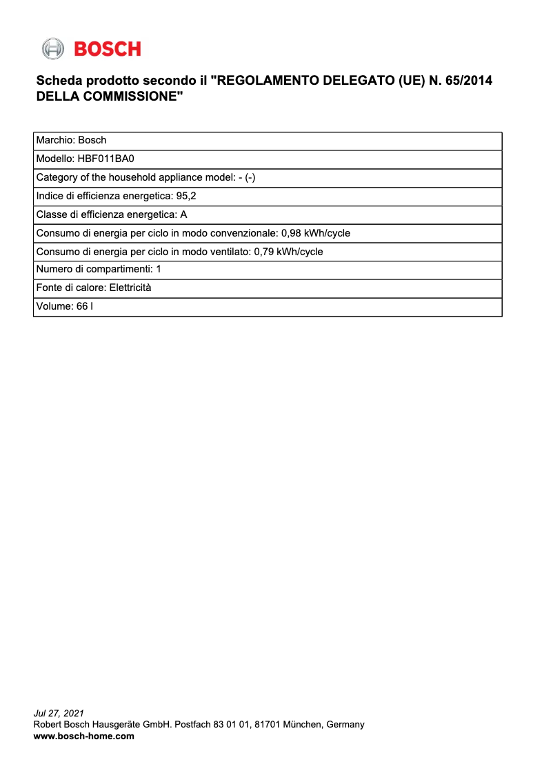 Page 1 of the manual Technical Sheet Bosch HBF011BA0