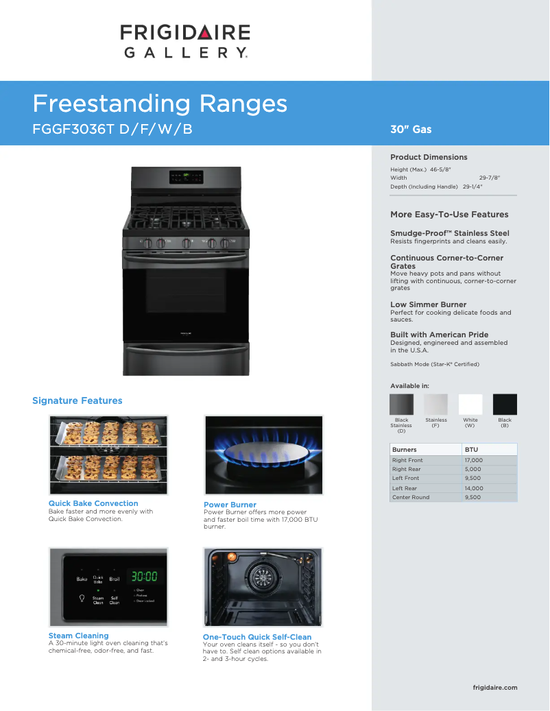 Page 1 de la notice Fiche technique Frigidaire FGGF3036TF