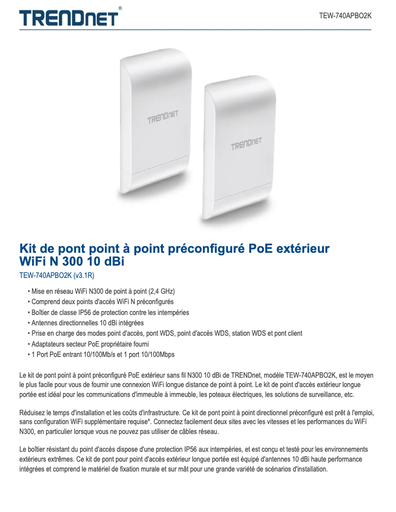 Page 1 of the manual Technical Sheet TRENDnet TEW-740APBO2K