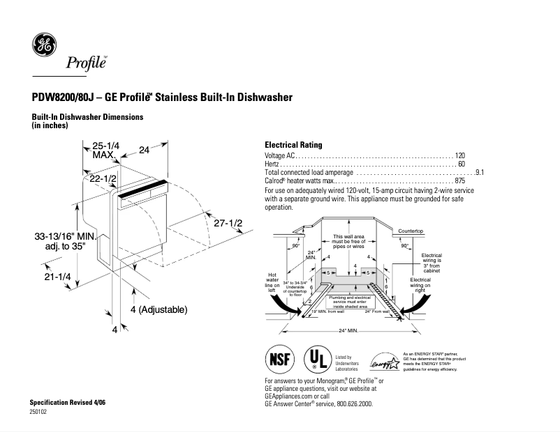 Page 1 of the manual Technical Sheet GE Profile PDW8200JWW
