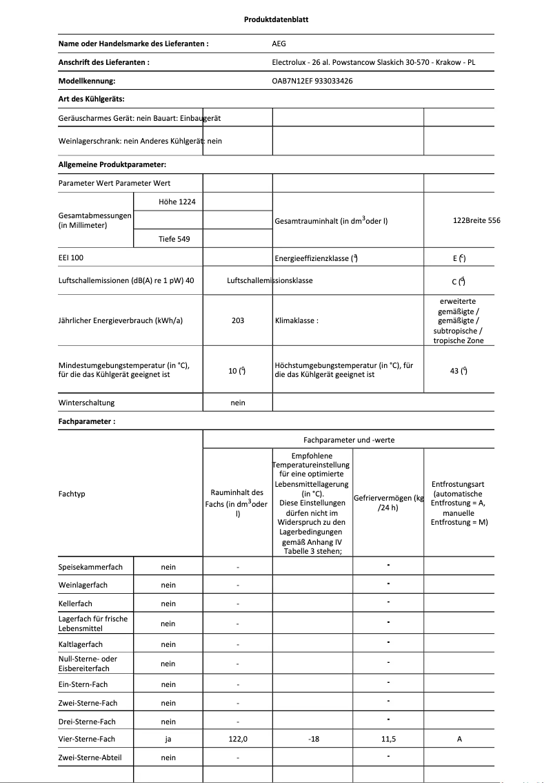 Page 1 of the manual Technical Sheet AEG OAB7N12EF