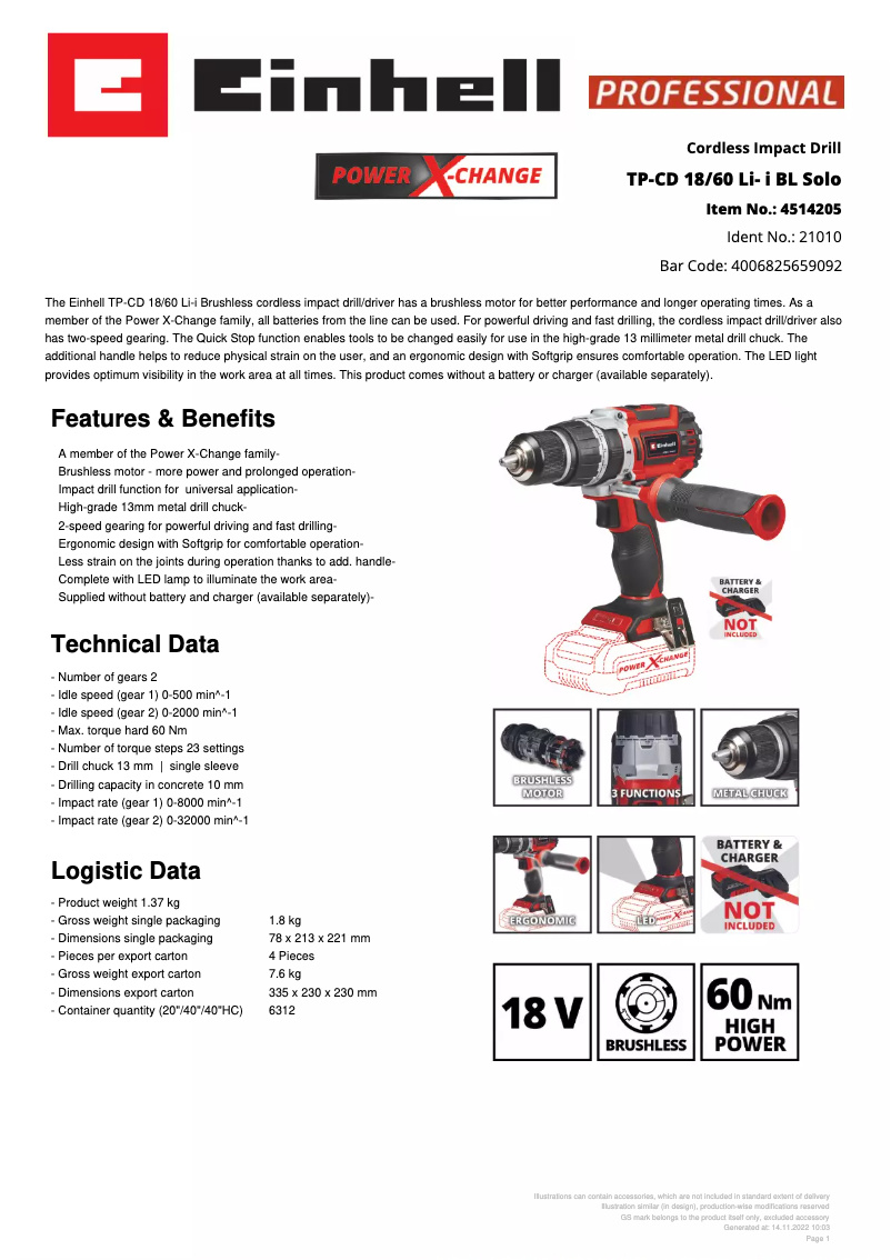 Page 1 of the manual Technical Sheet Einhell TP-CD 18/60 Li- i BL Solo